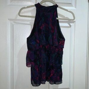 A/X Armani Exchange silk halter top Sz M ruffled layers watercolor print lined